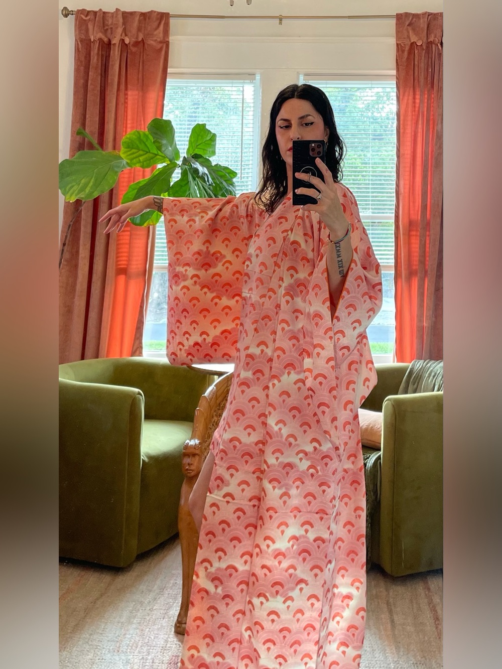 Vintage Metallic coral Japanese kimono pink sunrise gateway pattern